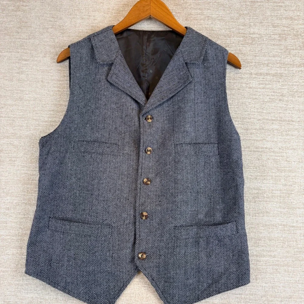 VTG Unisex Gray Herringbone Vest Notched Lapel Adjustable Back Academia British